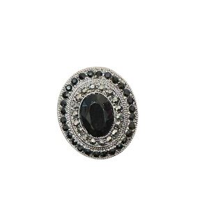 Black Crystal Statement Cocktail Ring Oval Stone Adjustable Glam Gothic Jewelry